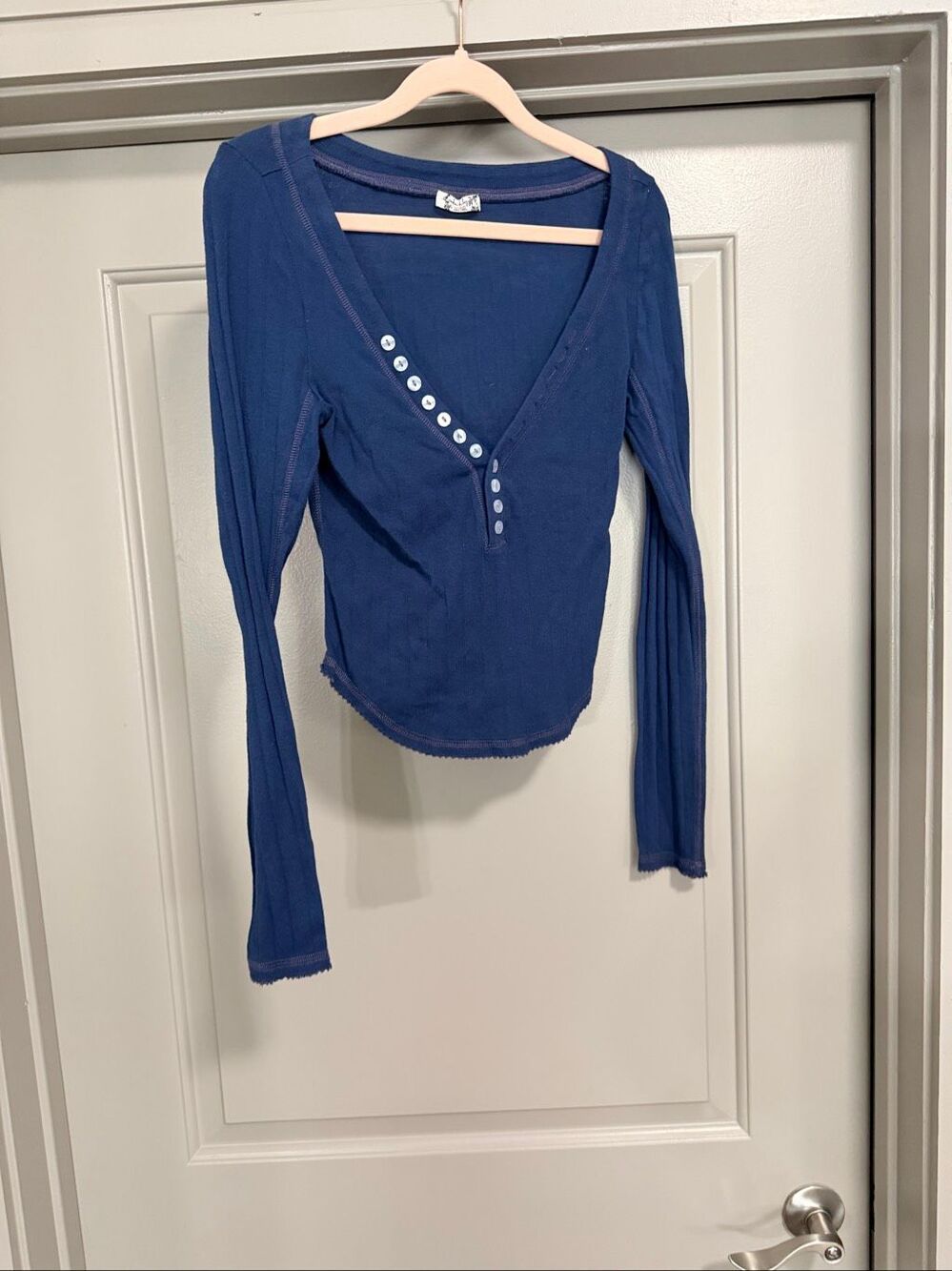 Intimately Free People Blue Long Sleeve Thermal Henley Snap Top Size XS